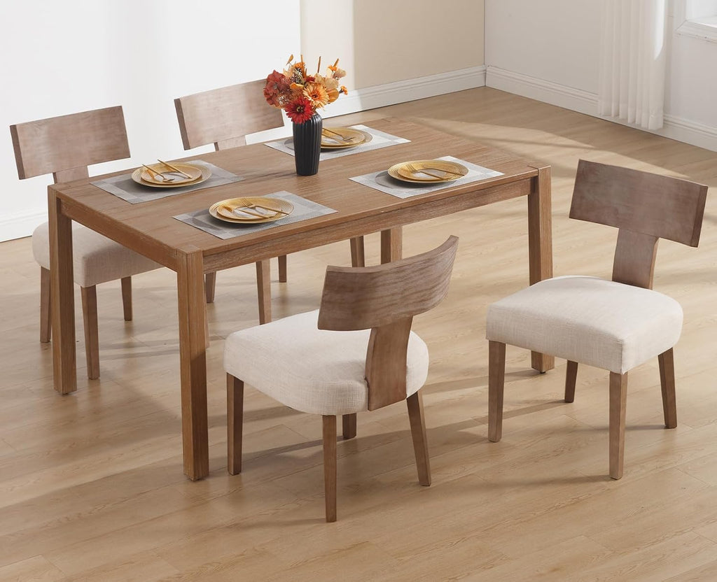 chairus Dining Chairs Set of 4, Upholstered Farmhouse Kitchen Chairs with Natural T-Shape Wood Back Armless Dining Room Chairs with Soft Wide Seat, Linen Beige