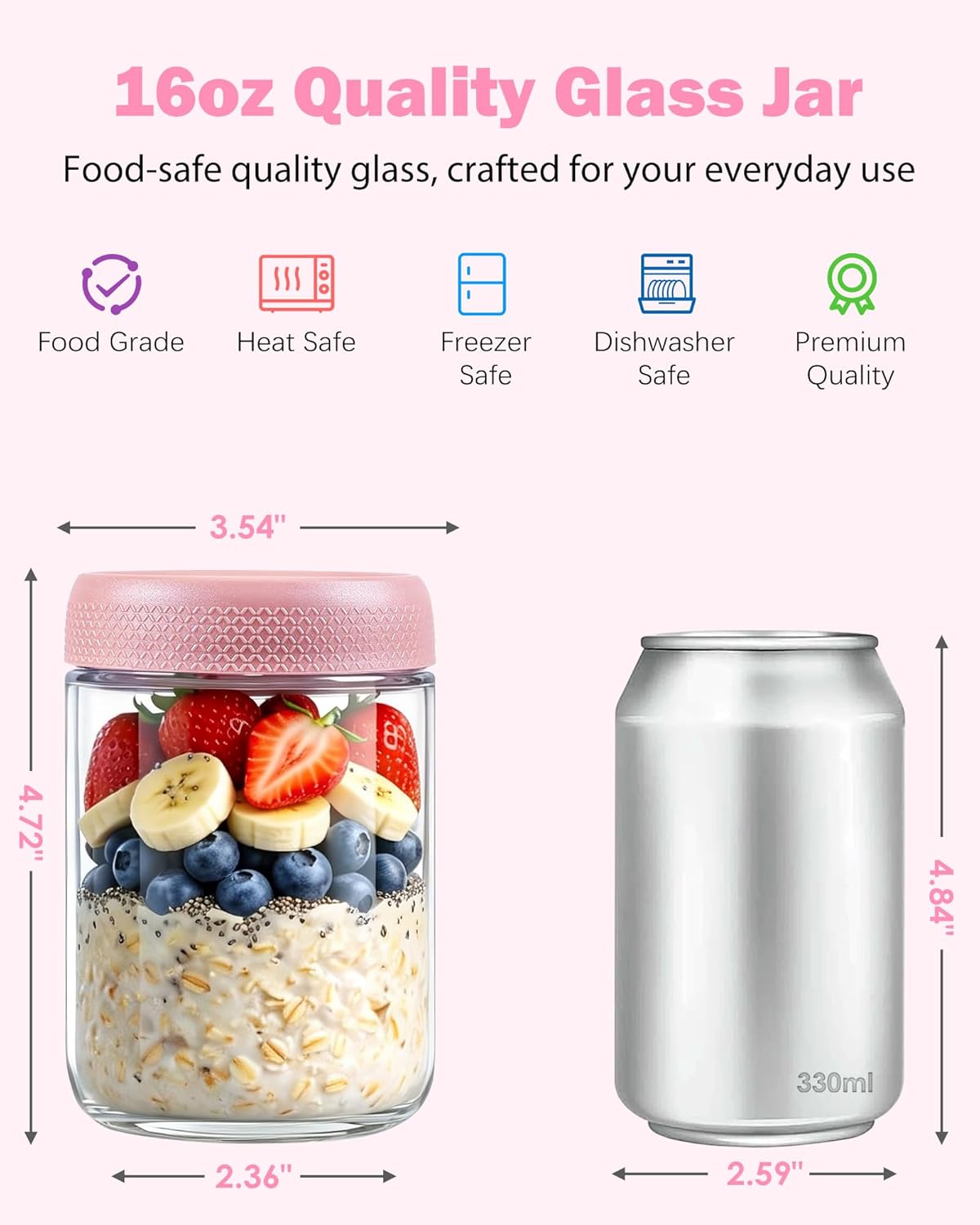 16 oz 6Pack Overnight Oats Containers with Lids, Airtight Leakproof Wide Mouth Glass Mason Jars, Reusable & Portable for Meal Prep, Yogurt, Salads, Smoothies, Spice, Sugar, Snacks & Food Storage-clear
