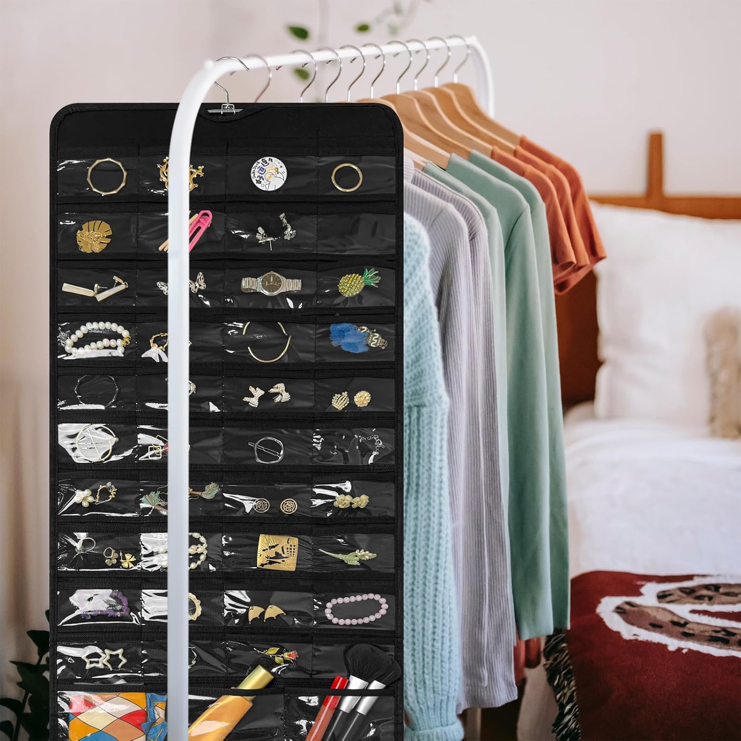 Bloss Black Hanging Jewelry Organizer With 90 Pockets for Closet, Earring Holder Organizer Storage, Over The Door Jewelry Organizer, Double-Sided Jewelry Holder for Earrings,Necklaces,Rings