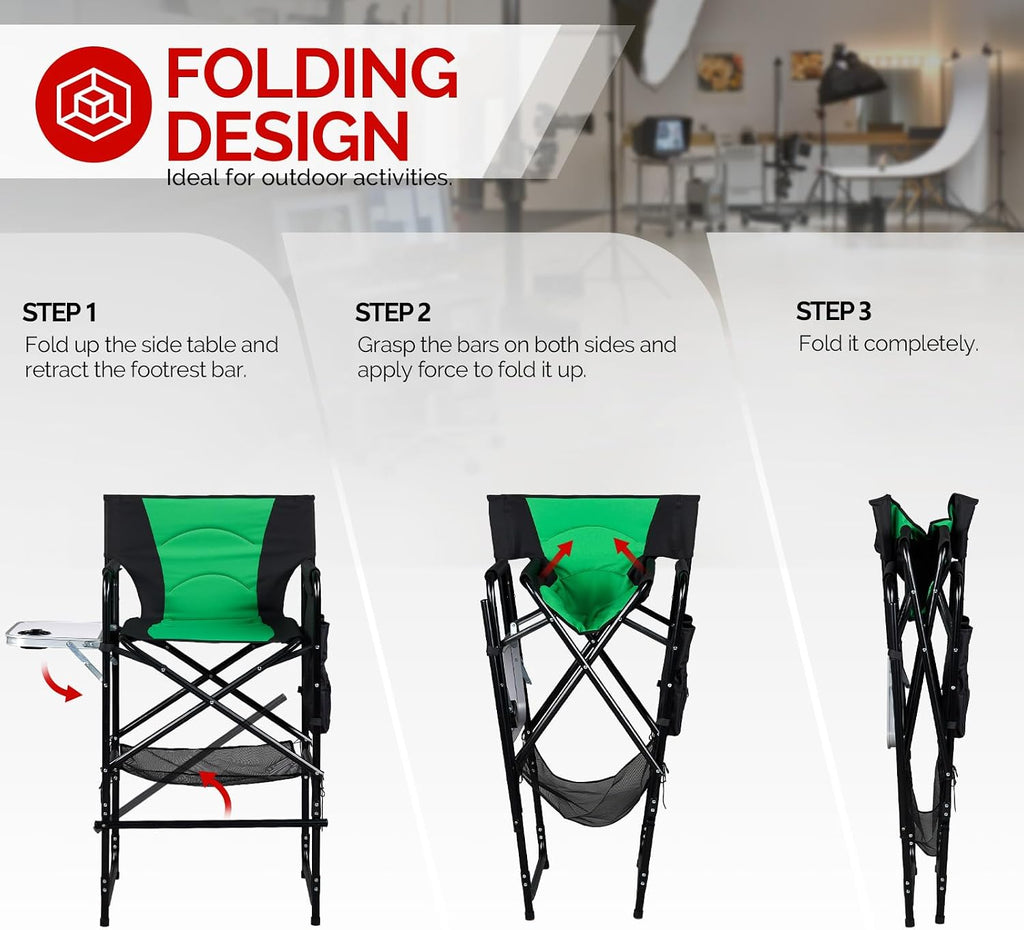 OmySalon 31" Extra Tall Director Chair w/Side Table, Heavy-Duty Steel Frame Portable Folding Bar Stool w/Storage Pockets, for Makeup Artist, Salon, Studio, Camping, 300 lbs Capacity (Green)