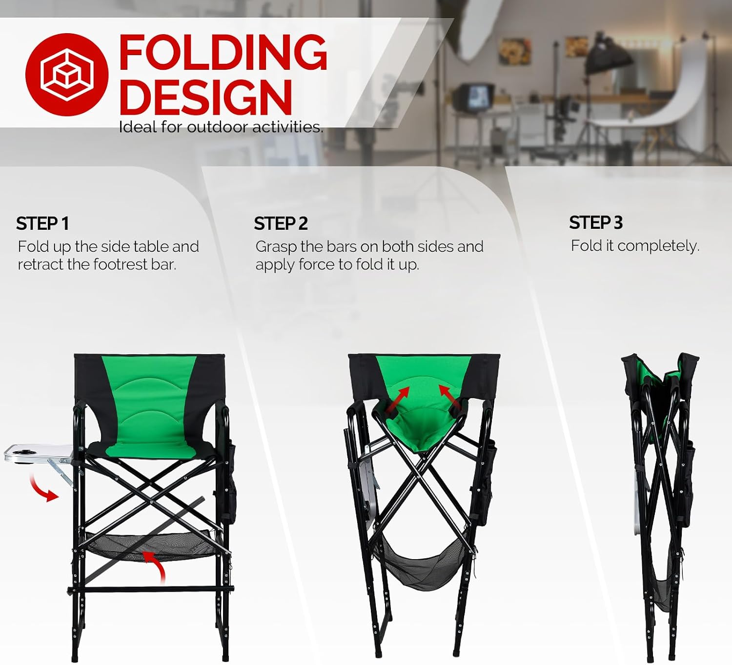 OmySalon 31" Extra Tall Director Chair w/Side Table, Heavy-Duty Steel Frame Portable Folding Bar Stool w/Storage Pockets, for Makeup Artist, Salon, Studio, Camping, 300 lbs Capacity (Green)