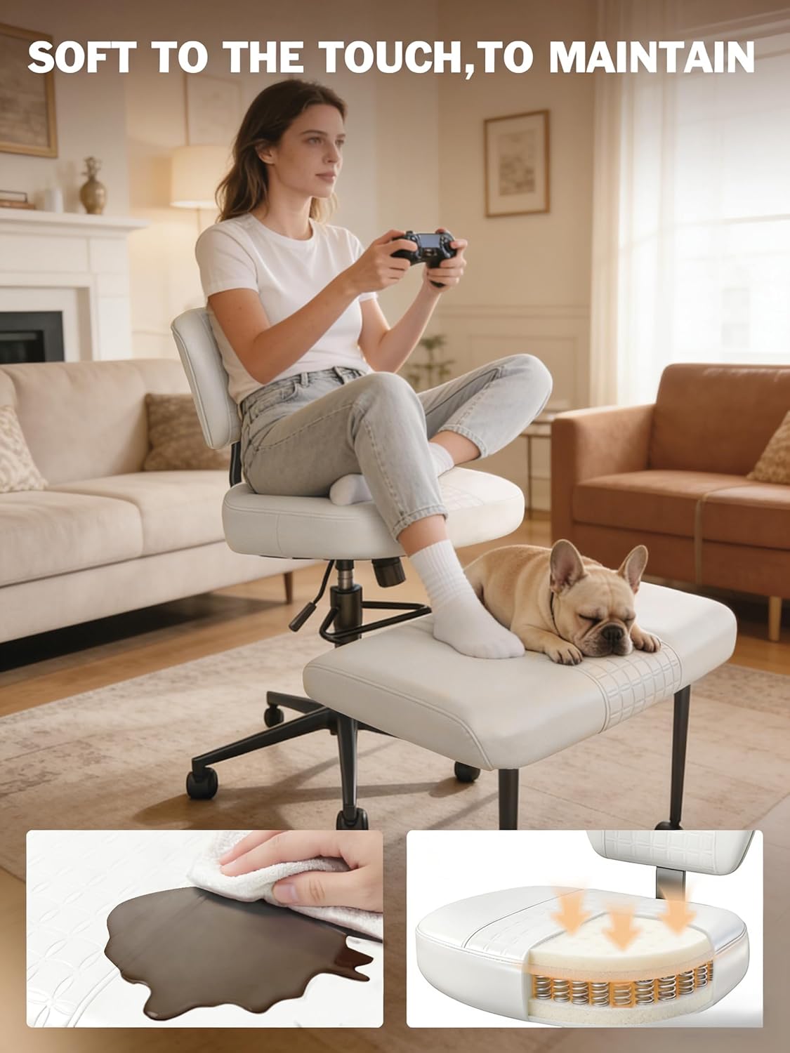 Ergonomic Cross Legged Office Chair with Wheels, Meditation Chair, Ultimate ADHD Desk Chair with Lumbar Support for Active Sitting, Modern Criss Cross Kneeling Chair for Home & Office PU&White