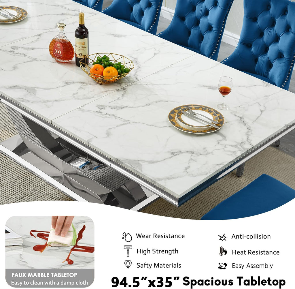 94.5" Large Faux Marble Dining Table Set for 8, Luxury Kitchen Table Set with 8 Chairs, Modern 9-Piece Dining Room Set with White Silver Dinner Table and 8 Black Upholstered Chairs