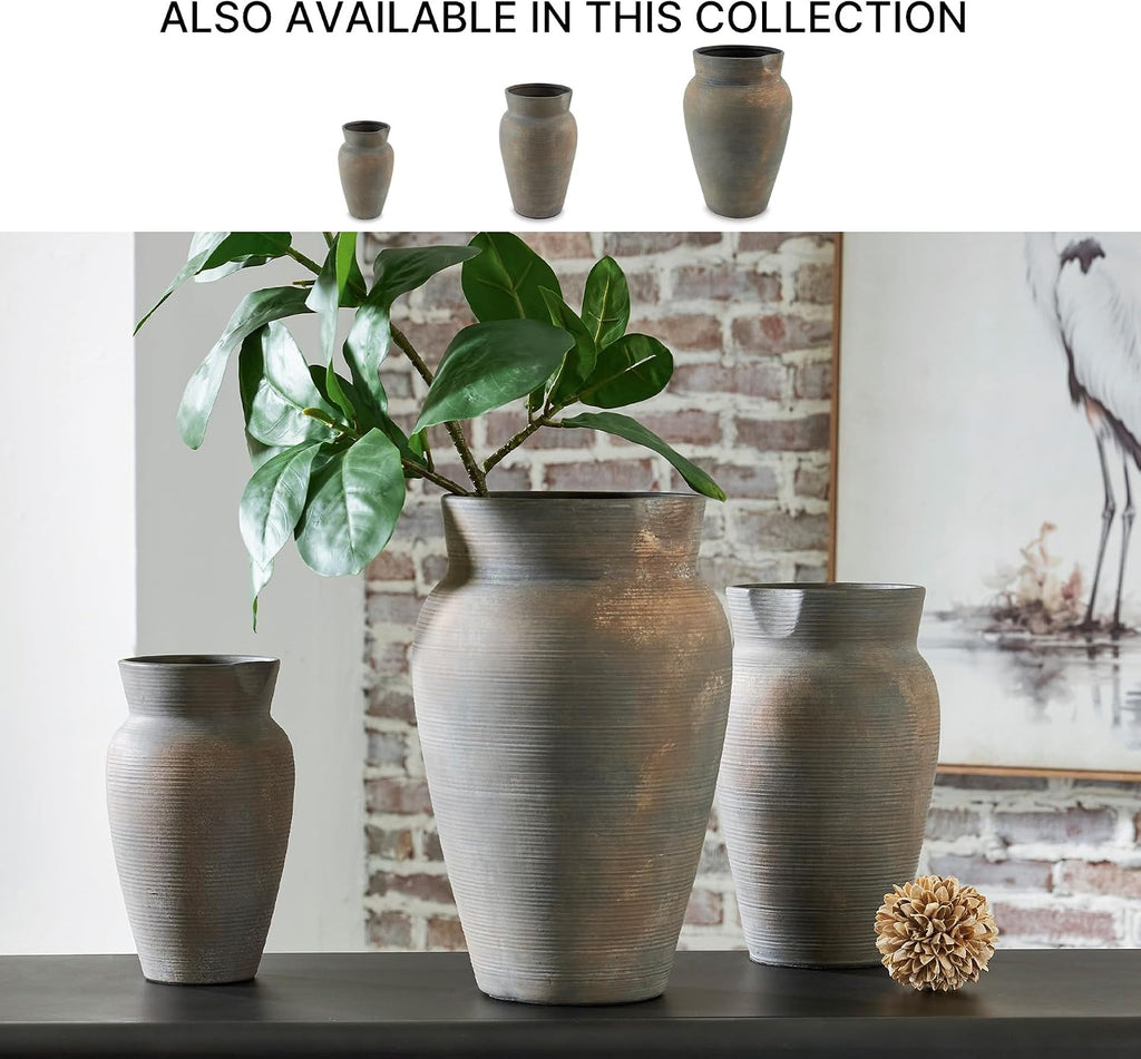 Signature Design by Ashley Brickmen Ceramic Vase, 15 Inch Tall Rustic Tabletop Accent, Textured Antique Gray Finish, Non-Watertight Decor for Faux and Dried Flowers, Gray and Tan