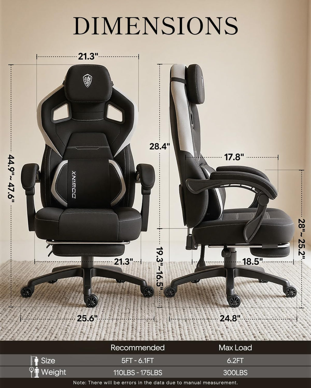 Dowinx Big and Tall Gaming Chair with Footrest, Black | Breathable woven fabric with lumbar support and extra-wide seat back; big-and-tall frame fits larger, heavier users.