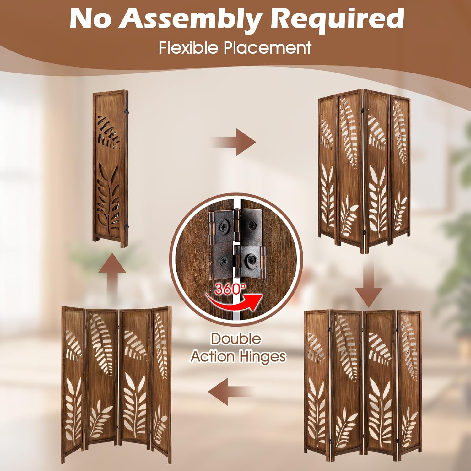 Giantex Boho Rustic Room Divider, 4 Panel Carved Leaf Folding Wood Screen, Fully Assembled, 67'' Freestanding Privacy Partition Decorative Wall, Foldable Room Separator for Bedroom, Rustic Brown
