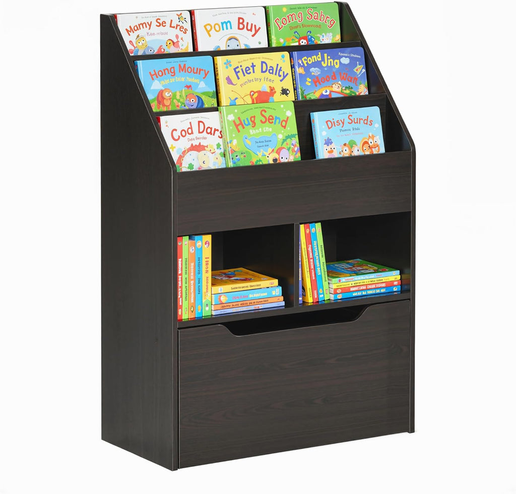 HOMCOM Kids Bookcase Multi-Shelf Rack Organizer with Storage Drawer for Books, Playroom, Brown