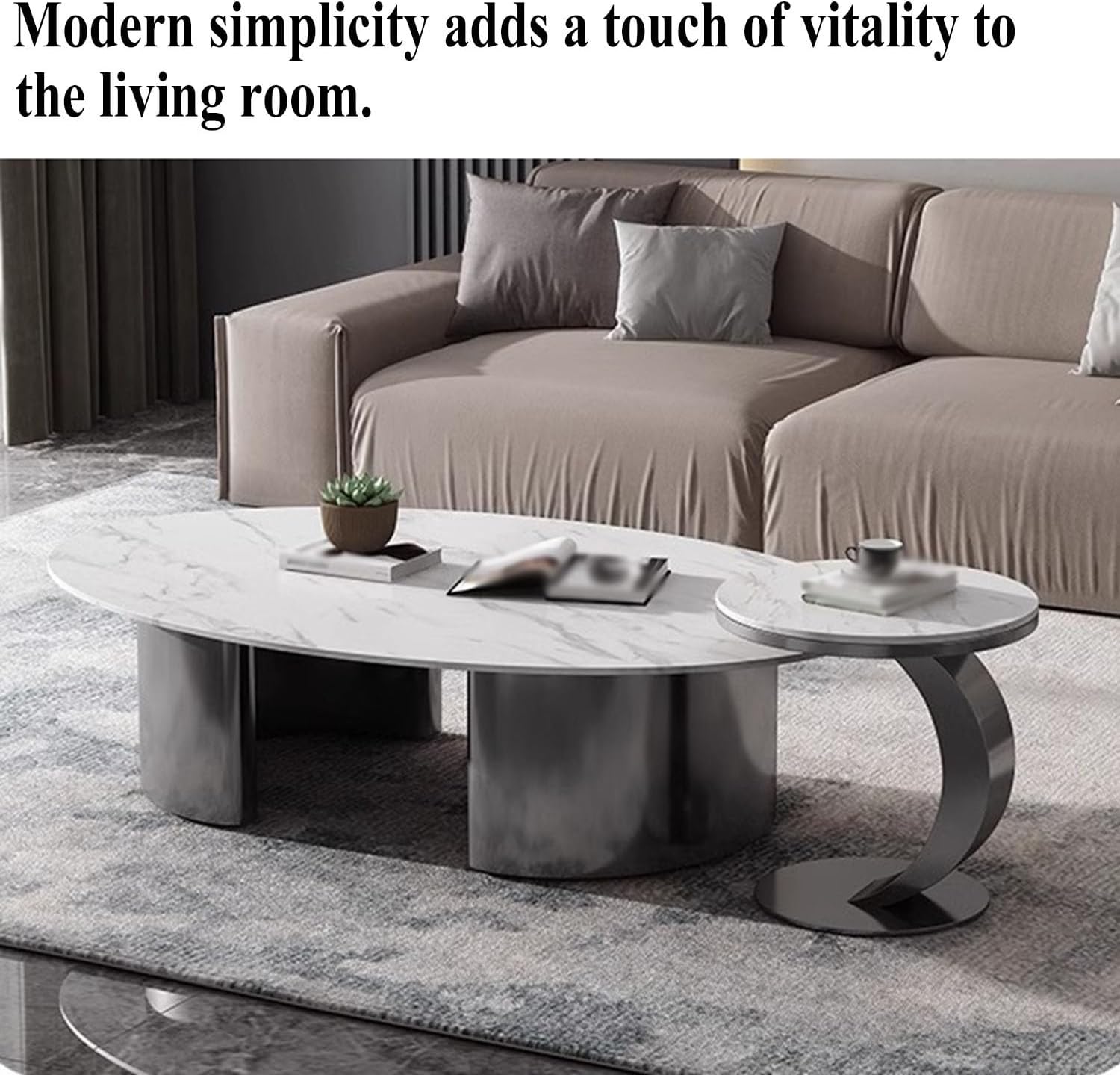 Minimalist C-Shaped Accent Table, Premium Sintered Stone Top, Anti-Scratch & Waterproof, Perfect as Sofa Side Table Nightstand(B)