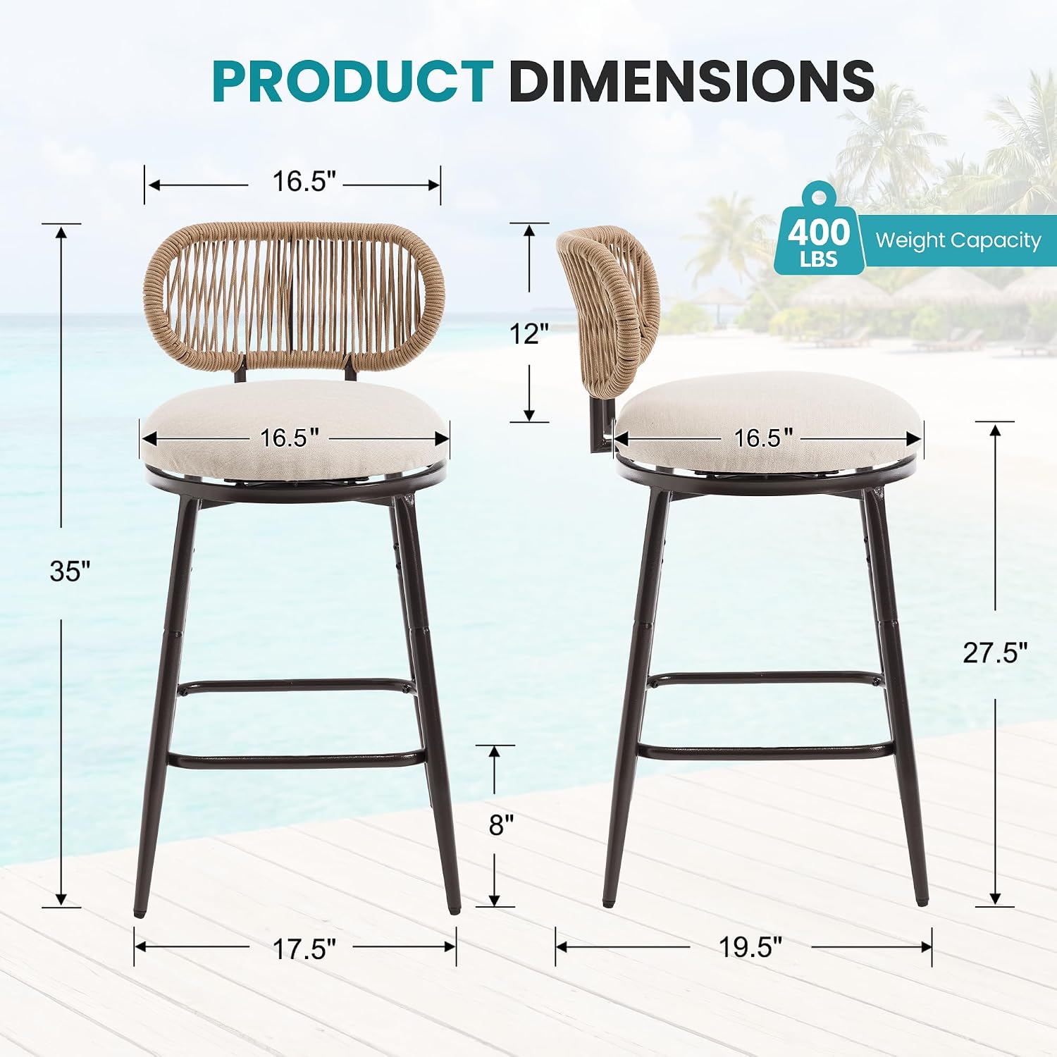 Swivel Outdoor Bar Chairs Set of 4, Hand-Woven Rope Patio Bar Stools with Removable & Washable Cushions, 360° Swivel Metal Frame, All-Weather High Top Chairs, 400 lbs Capacity, Beige