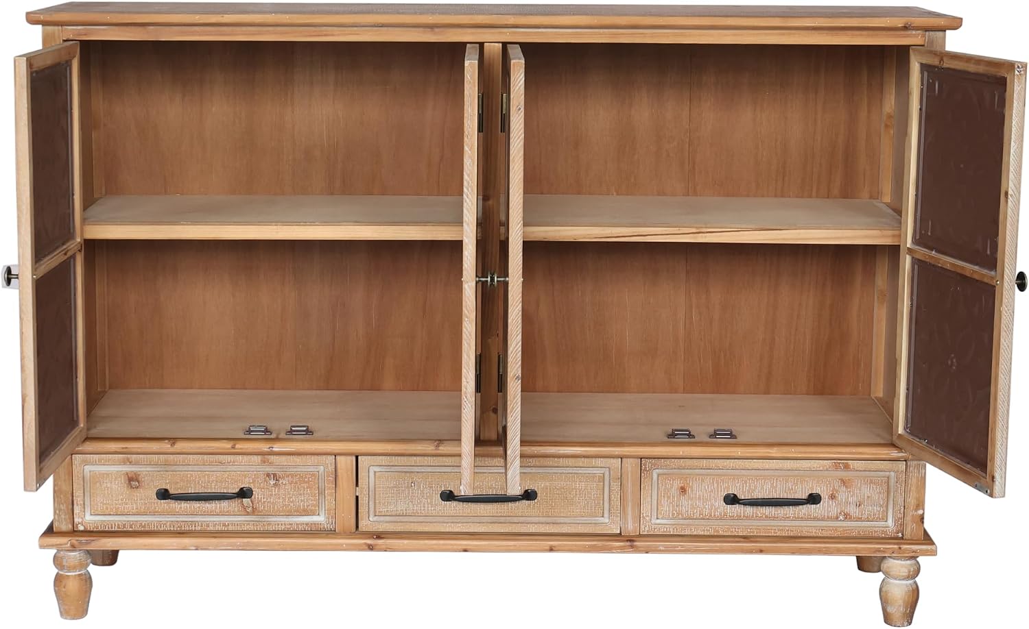LKTART 59" French Country Vintage Sideboard Buffet Cabinet with Embossed Floral Metal Doors and Solid Wood Frame, Retro Storage Cabinet for Kitchen, Living Room,Natural Wood