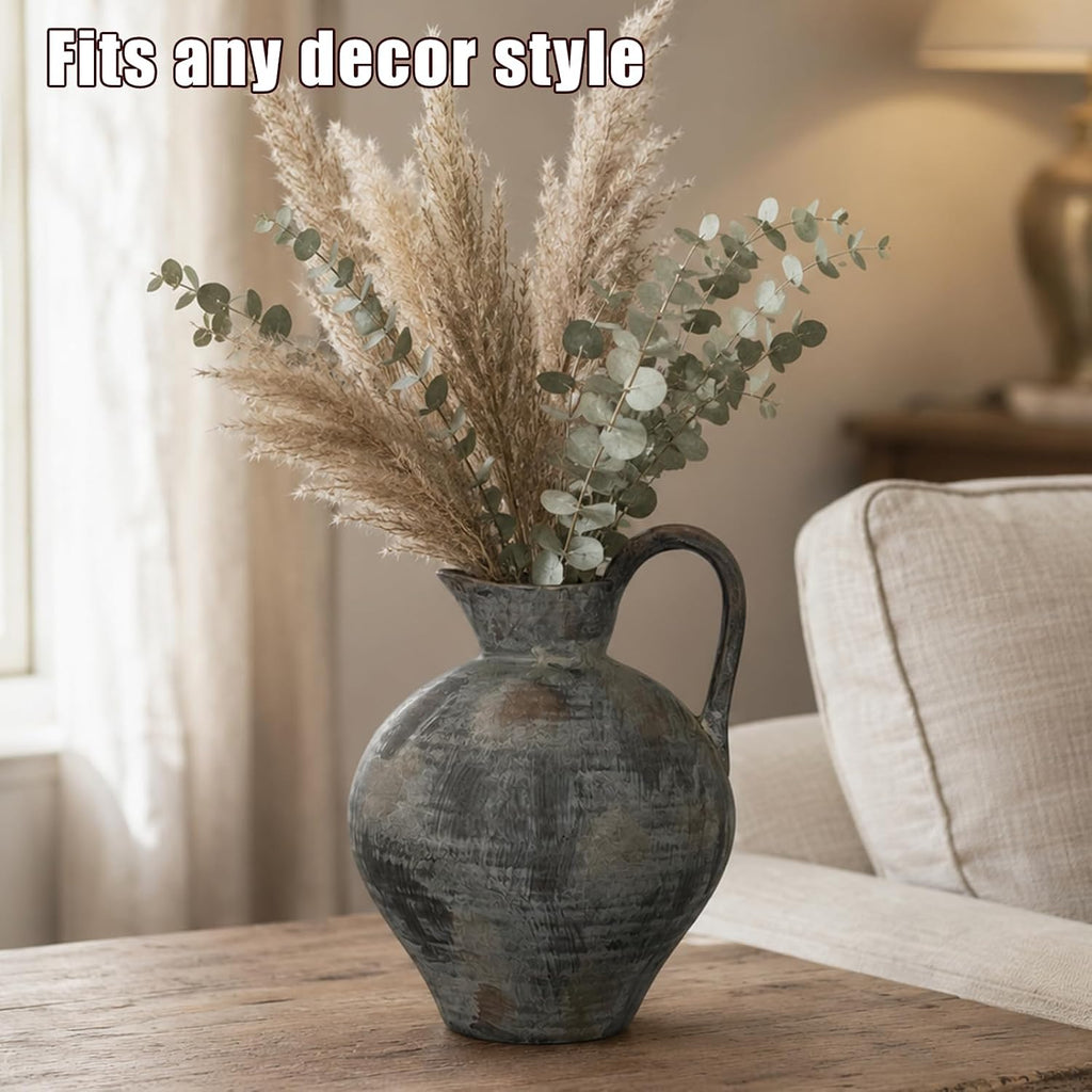 Ceramic Rustic Farmhouse Vase with Handle, 8.8 Inch Brown Vintage Vase, Rustic Ceramic Pottery for Home Decor, Farmhouse Decor Centerpiece for Kitchen, Living Room, Entryway