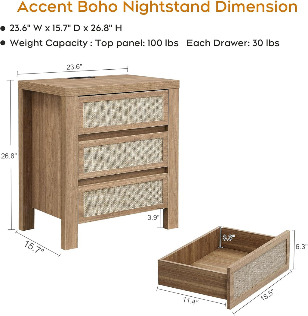 XIAO WEI 23.6“W 3 Drawer Set of 2 Rattan Nightstand with Charging Station, Boho Bedside Table, Tall End Table for Bedroom, Wood Accent Bed Side Table with Storage, Reclaimed Light Oak
