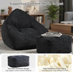 Bean Bag Chair with Ottoman for Adults, Large Corduroy Bean Bag Couch, Boneless Chaise Lounge Reading Chair with High-Resilience Foam, Floor Lounger for Bedroom Living Room (Black)