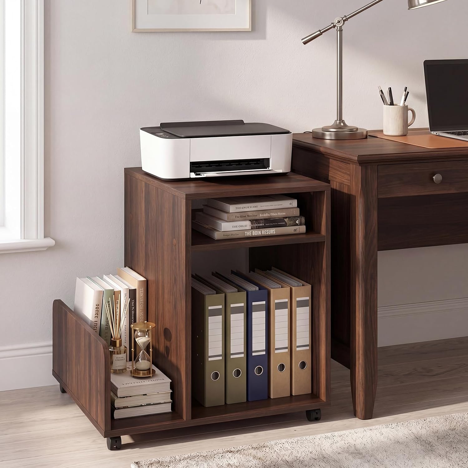 Giantex Rolling End Table with Storage, 3-Tier Mobile Sofa Couch Side Table w/Magazine Rack & Open Storage Shelves & Lockable Wheels, Farmhouse Night Stand for Bedroom Living Room, Espresso