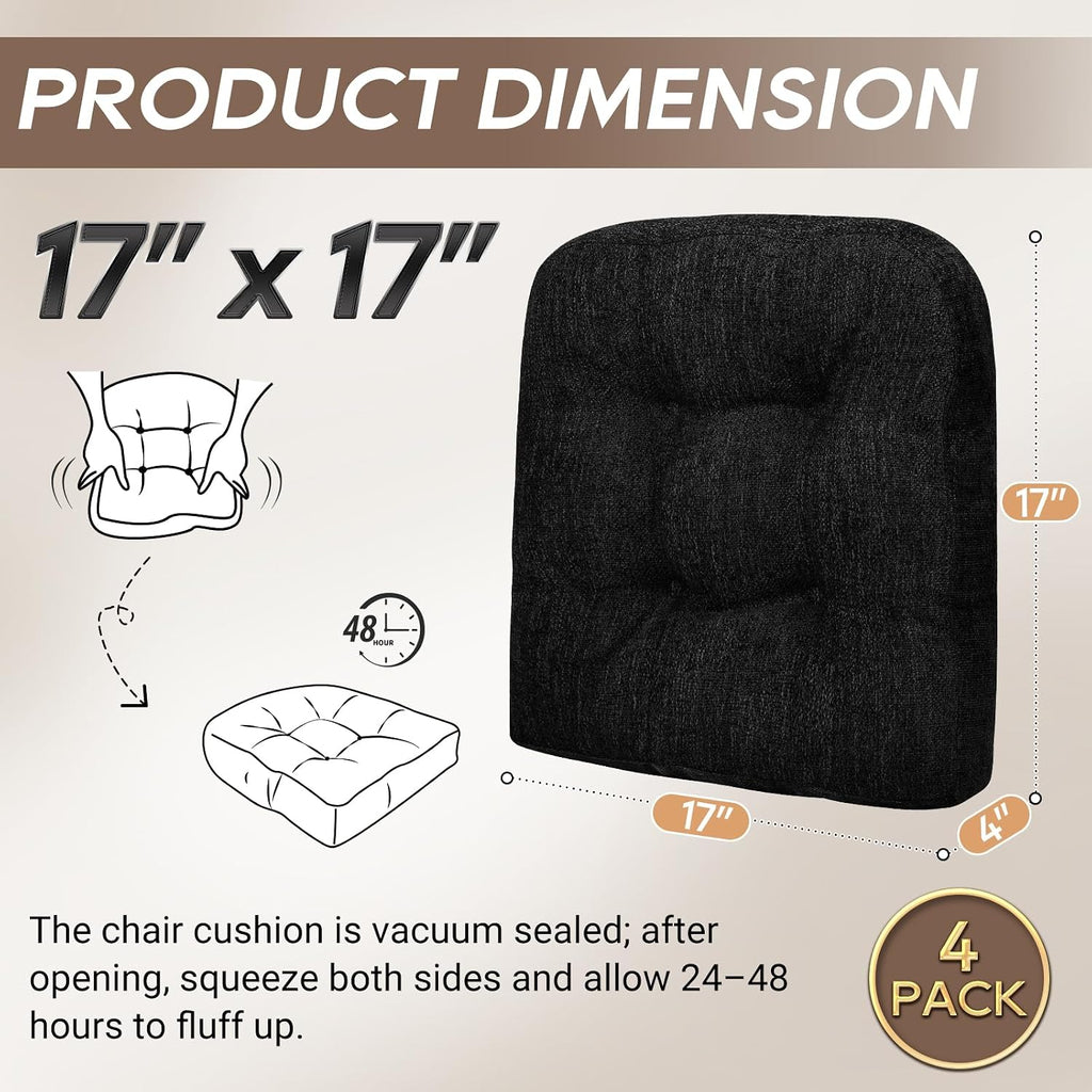Basic Beyond Chair Cushions for Dining Chairs, Non-Slip Chair Pads, Thick Seat Cushions for Dining Room Chairs, Kitchen Chair Cushions Set of 4, 17" x 17" x 4", Black