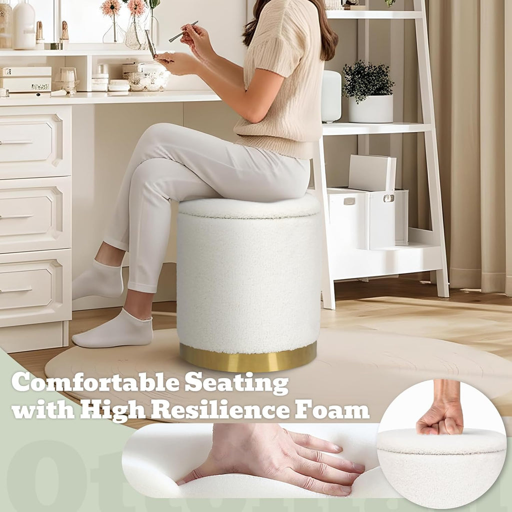 Joveco Boucle Round Ottoman with Storage,Vanity Stool with Storage for Bedroom, Ottoman Coffee Table,Small Boucle Foot Stool for Living Room, White with Gold Plating Base