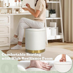 Joveco Boucle Round Ottoman with Storage,Vanity Stool with Storage for Bedroom, Ottoman Coffee Table,Small Boucle Foot Stool for Living Room, White with Gold Plating Base