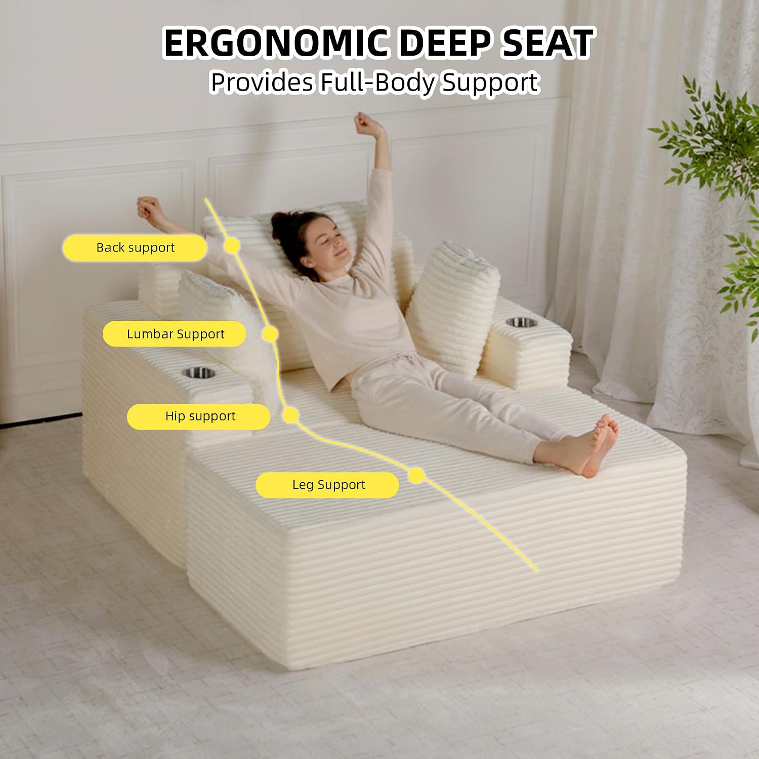 54"W Oversized Chaise Lounge Chair Indoor, Boneless Chaise Lounge Couch, Convertible Comfy Reading Chairs, Corduroy Sleeper Chair Couches for Living Room, Compression Sofa with Ottoman, Beige
