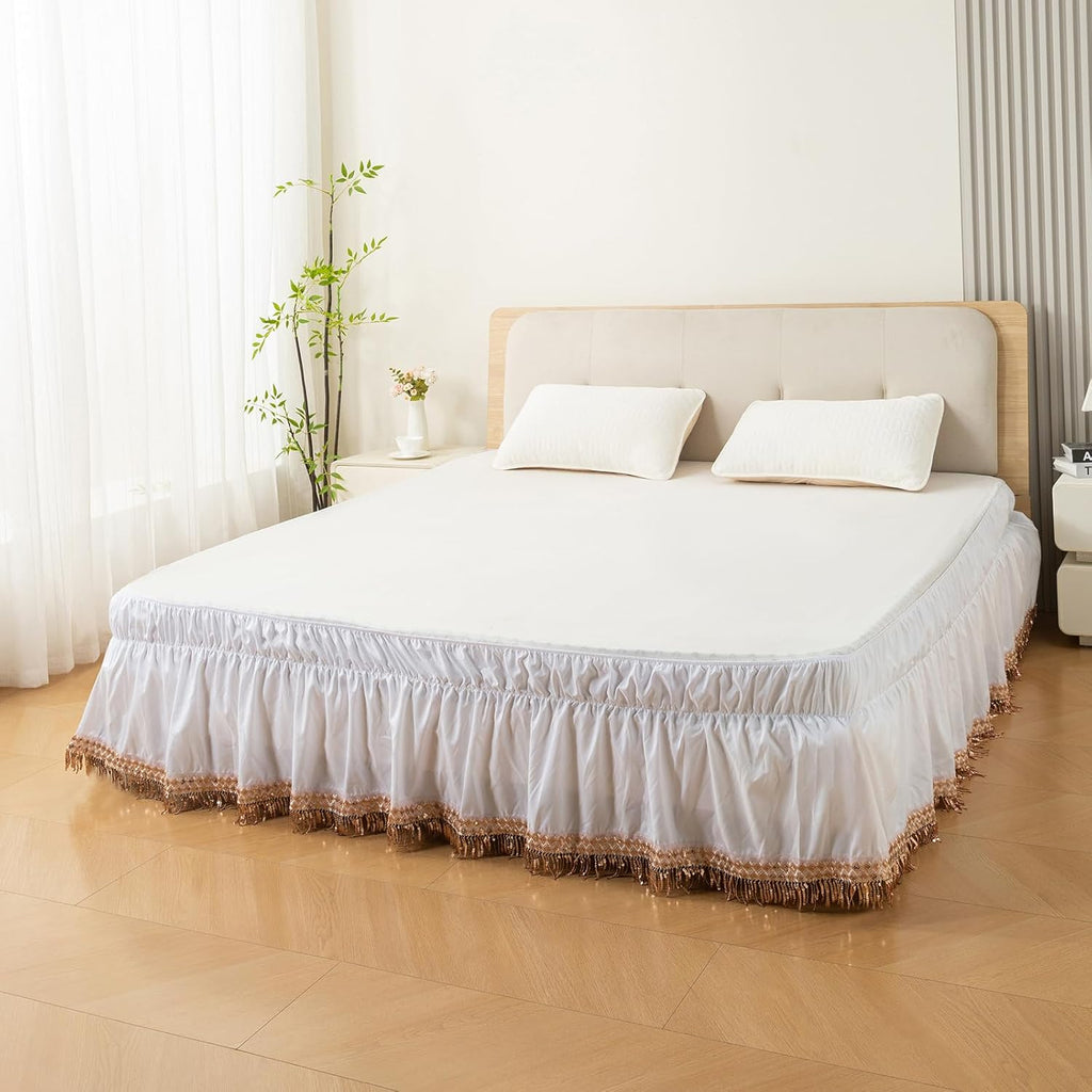 Wrap Around Ruffle Bed Skirt, Queen Size Beds Skirts, Bedskirt Elastic Dust Ruffled with Adjustable Belts, Tassel and Embroidered Bed Frame Cover (Tassel, 59"×79")