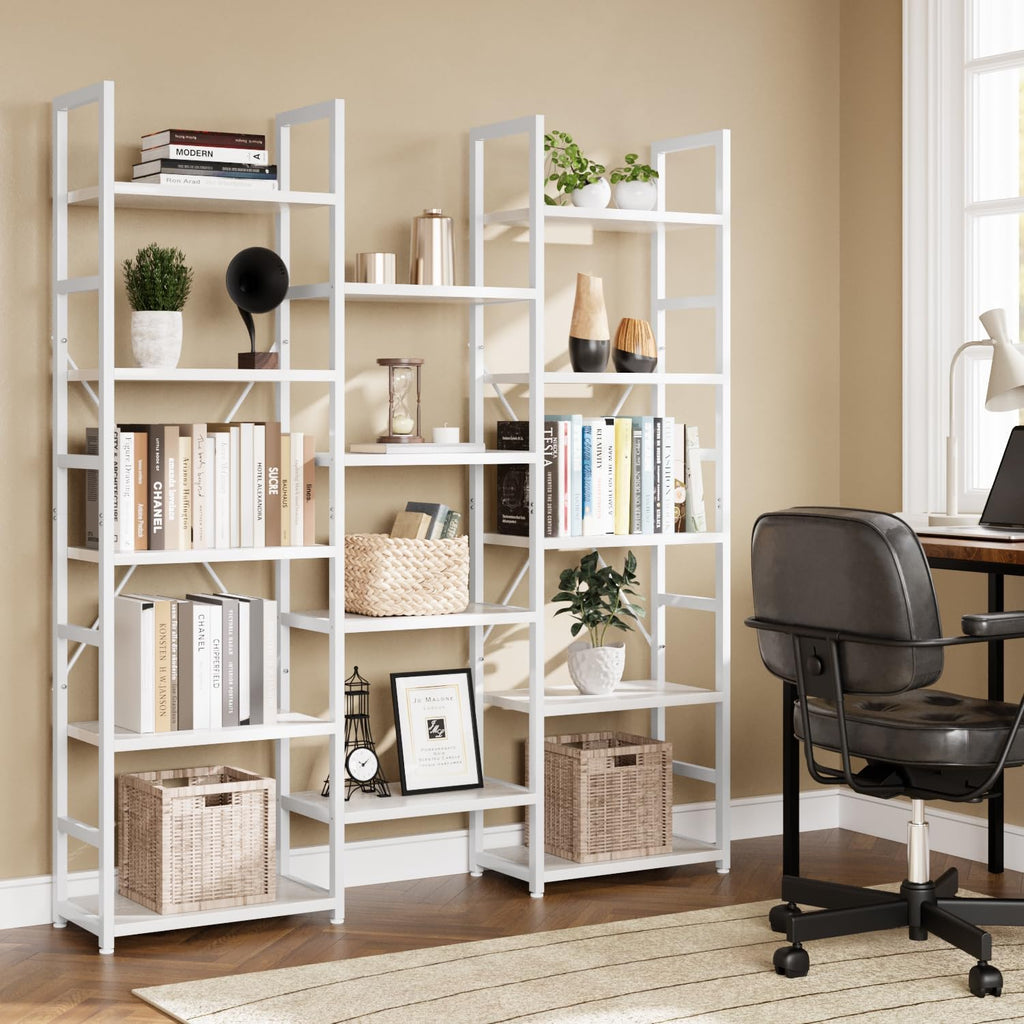 NUMENN Triple Column 5 Tier Bookshelf, Bookcase with 14 Open Display Shelves, Adjustable Rustic Industrial Style Book Shelves, Modern Bookshelves for Bedroom, Living Room and Home Office, White
