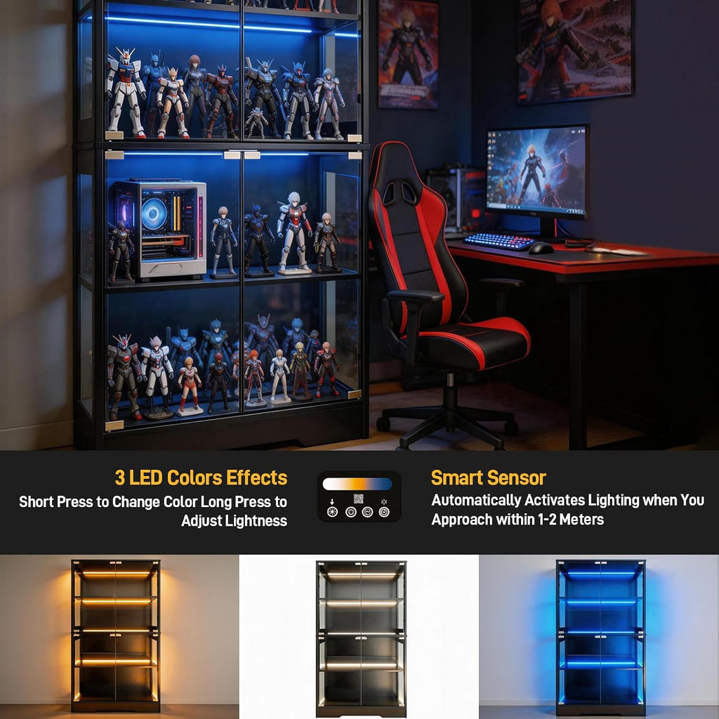 Glass Display Cabinet with Doors,4-Tier Display Shelf for Collectibles with 3 Color Lights, Display Case with Adjustable Glass Shelves, Storage Woode Shelf Bookcase, Showcase,Black