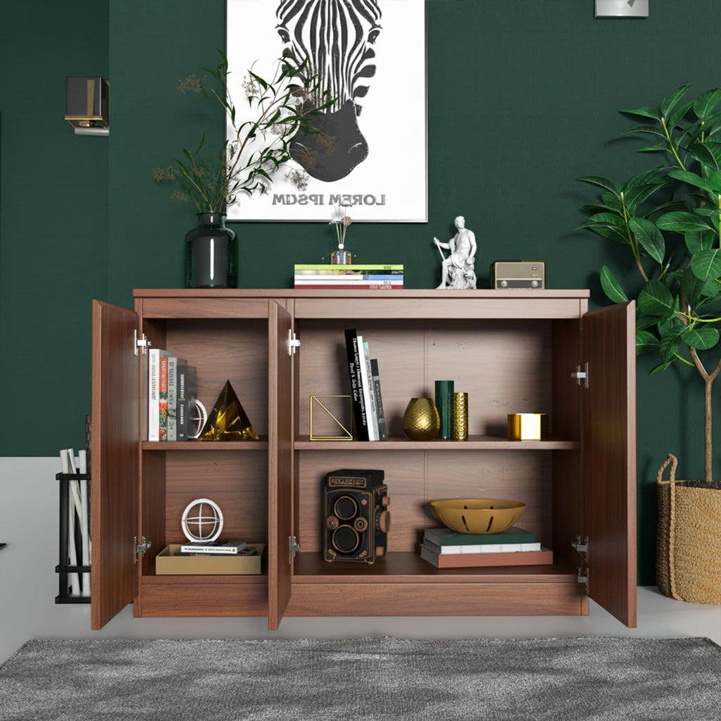 holzart 43" Walnut Brown Buffet Cabinet Sideboard with Storage - Modern 3-Door Wood Grain Kitchen Cupboard & Coffee Bar Station for Dining Room, Living Room - Adjustable Shelf, 43.3" W x 31.5" H