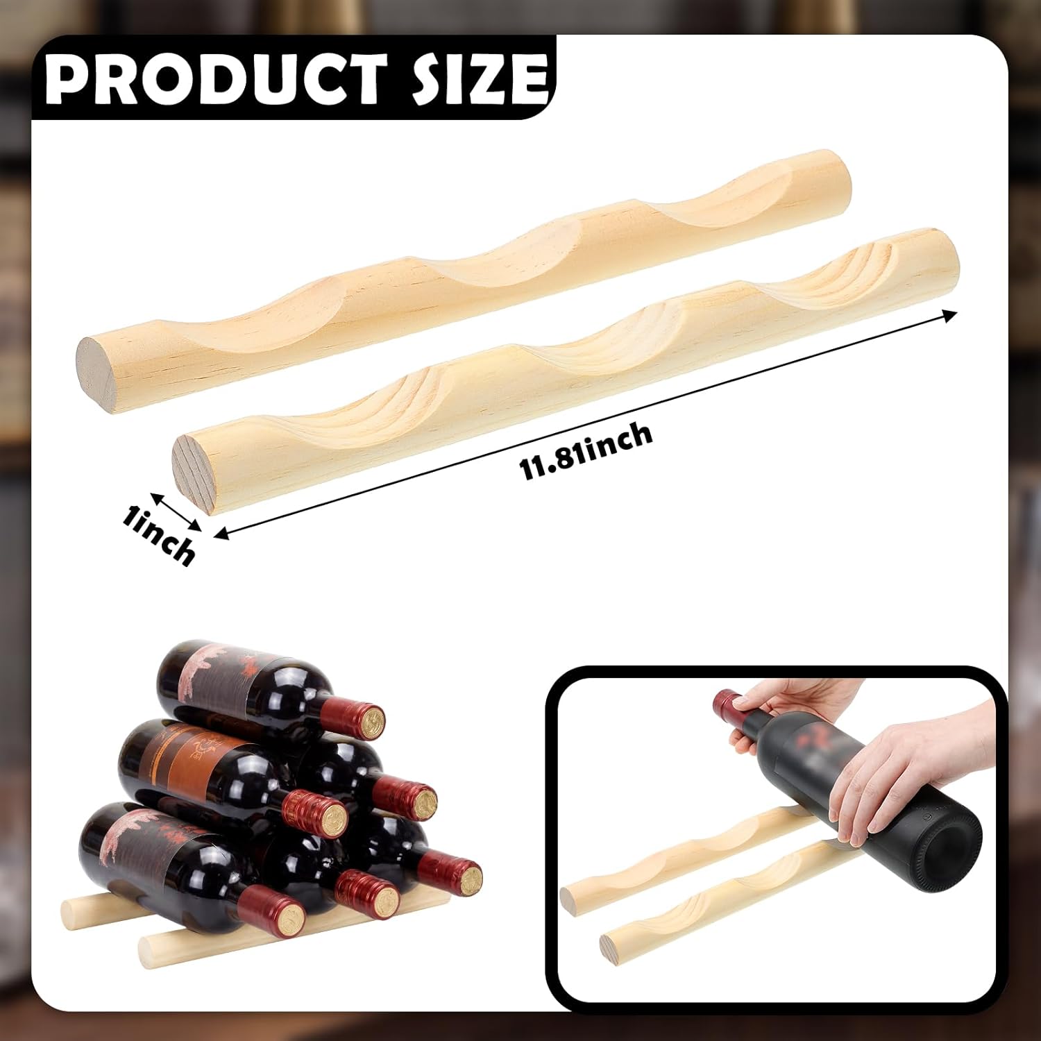 Barydat 4 Pcs Wood Wine Rack Compact Wine Bottle Holder Tabletop Vino Stand Display Rack Countertop Bottle Storage Shelf Organizer for Cabinet Kitchen Bar Pantry Basement Decor(3 Grooves,Classic)