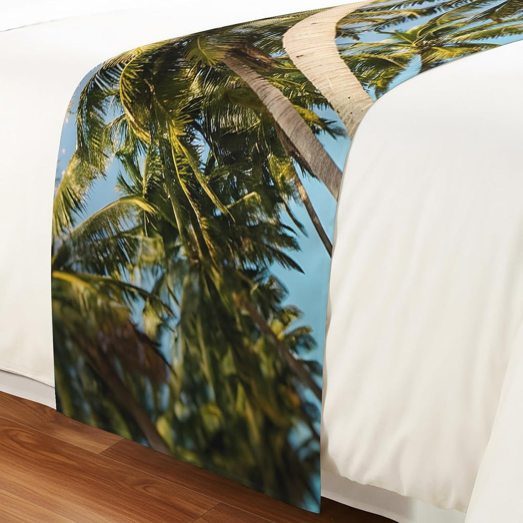 Green Coconut Trees Bed Runners for Queen Size Bed, Decorative Bed Throws for Foot of Bed, Coastal Tropical Plants Pink Blue Bed Runner Sofa Throw Bedding Scarf Protector Slipcover for Bedroom/Hotel