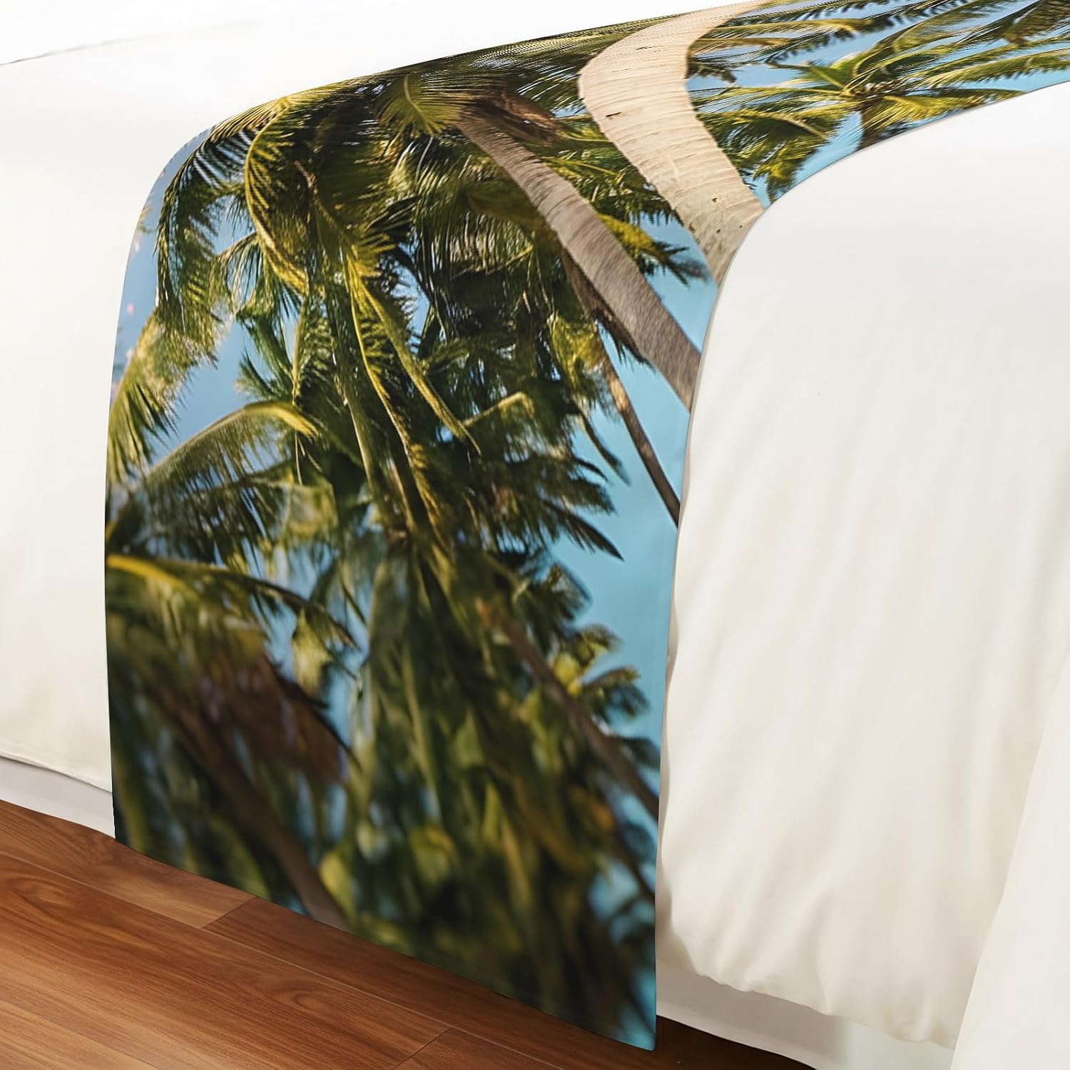 Green Coconut Trees Bed Runners for Queen Size Bed, Decorative Bed Throws for Foot of Bed, Coastal Tropical Plants Pink Blue Bed Runner Sofa Throw Bedding Scarf Protector Slipcover for Bedroom/Hotel