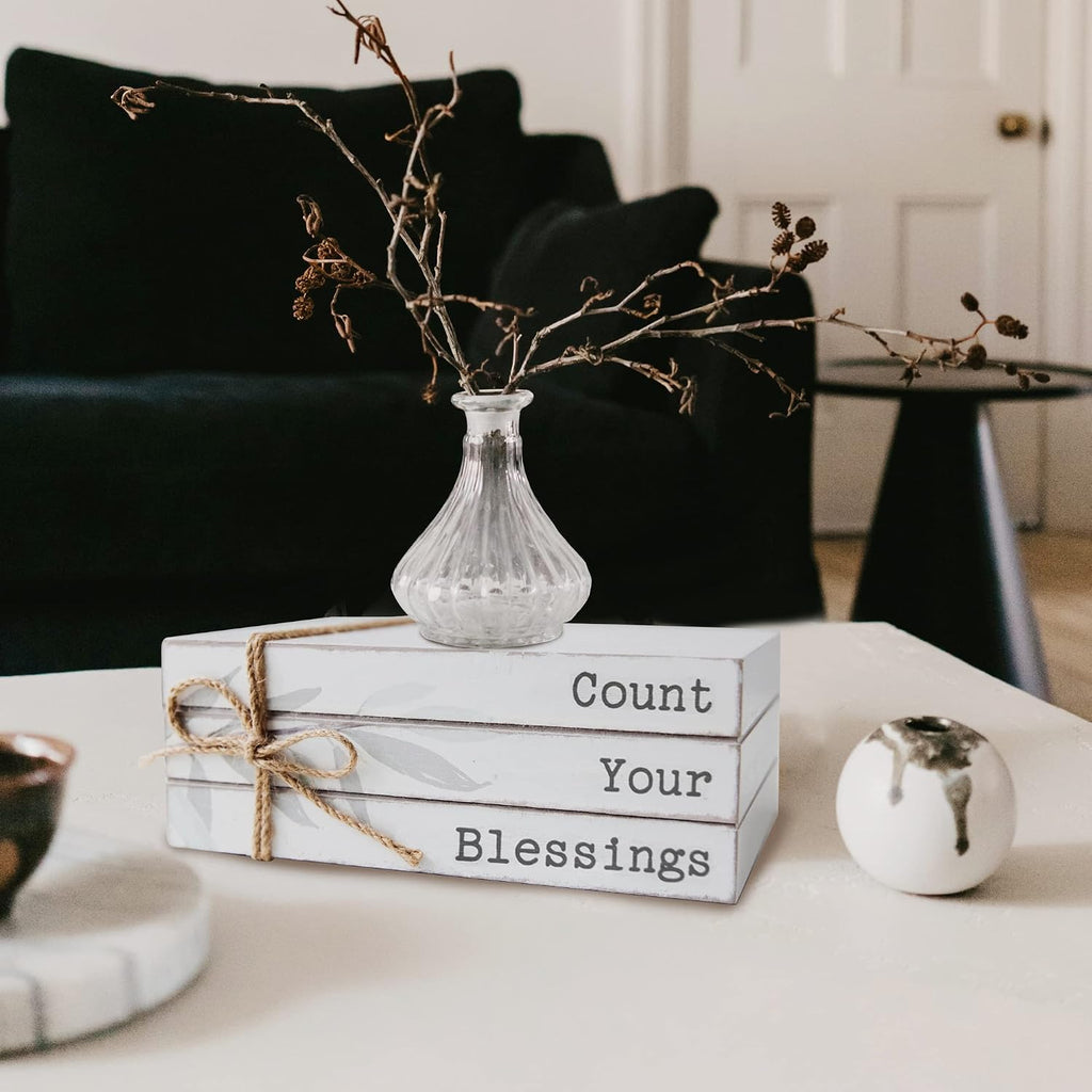 GENMOUS Faux Decorative Books Set for Home Decor, Stacked Wood Faux Books with Wood Bead for Living Room, White Decorative Books for Shelf Decor, Mantel Decor, Farmhouse Decor （Bless）