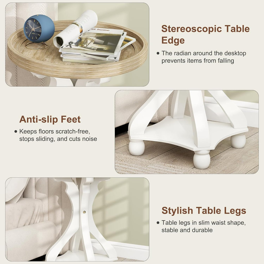 Accent Wood Farmhouse End Table, Round Side Tables, Nightstand Natural Tray Top and Distressed Carved Legs for Bedroom Living Room, White