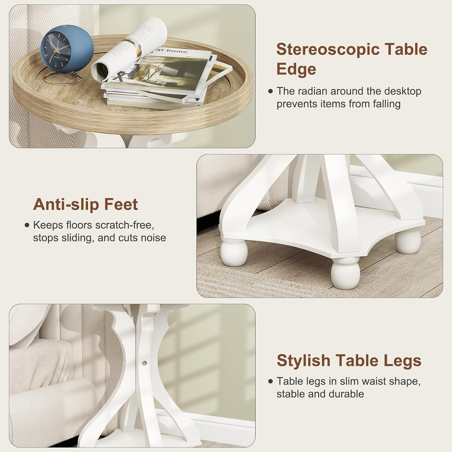 2 PCS Accent Farmhouse End Table, Round Side Table, Tray Top, White