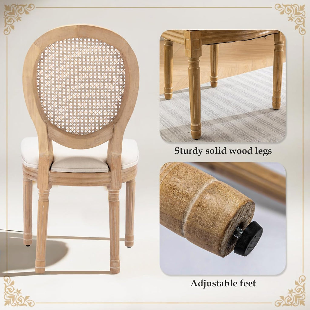 SoarFlash French Dining Chairs Set of 4, Vantage Linen Dining Chair with Round Back, Farmhouse Country Rattan Dining Chair for Living Room,Kitchen,Bedroom,Beige