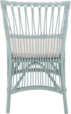SAFAVIEH Furniture - Zorianna Dining Chair - Light Blue Rattan & White Cushion - Armchair Design - Ideal for Dining Room, Kitchen, 18.5" Seat Height (DCH6505C)