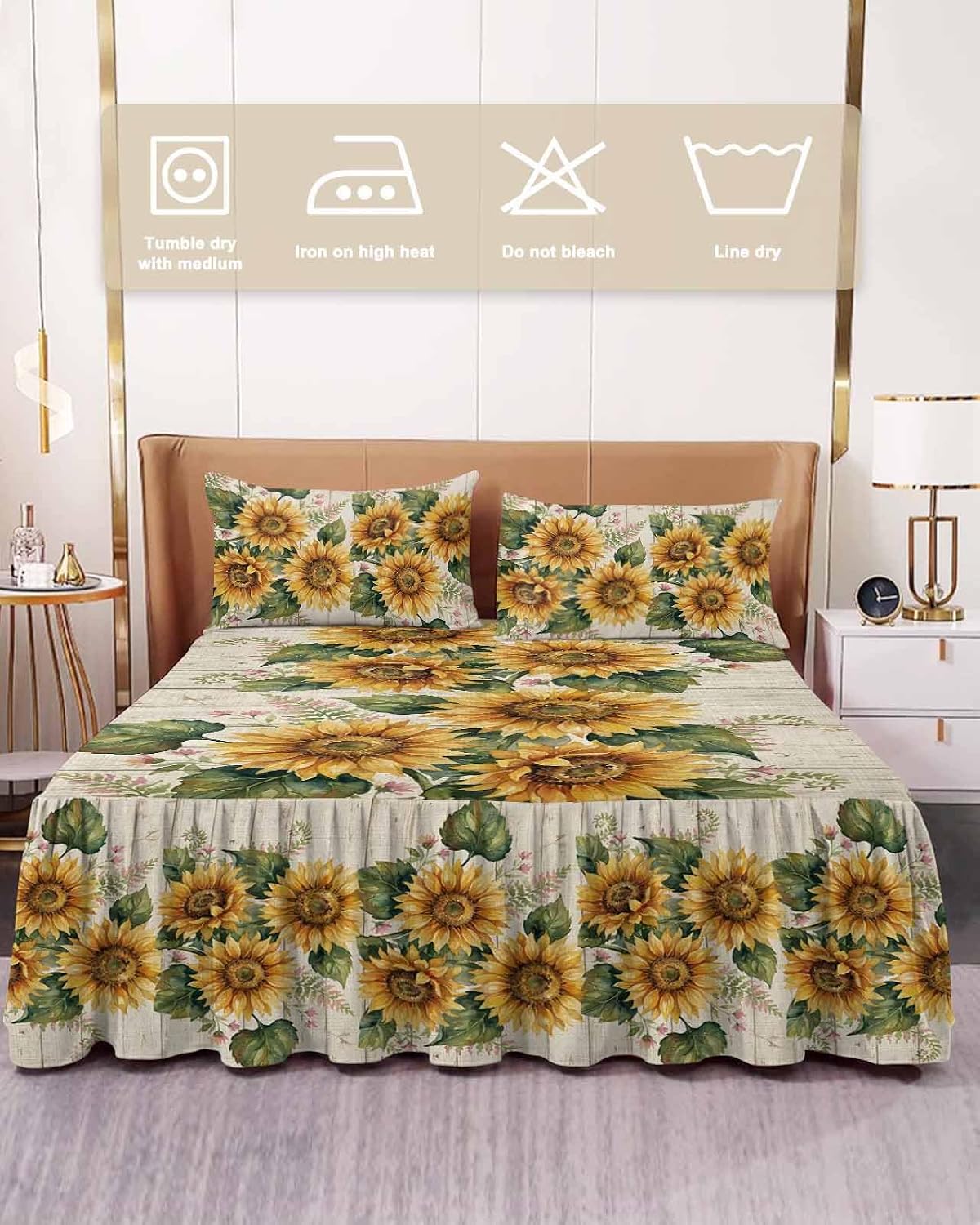 Ruffle Skirt Bedspread for Full Size Bed Summer Sunflower Leaf 3 Piece Bedding Cover with Pillow Sham,18In Drop Bedskirt Coverlet for Bedroom Dorm Pastoral Plant Vintage Wood Board