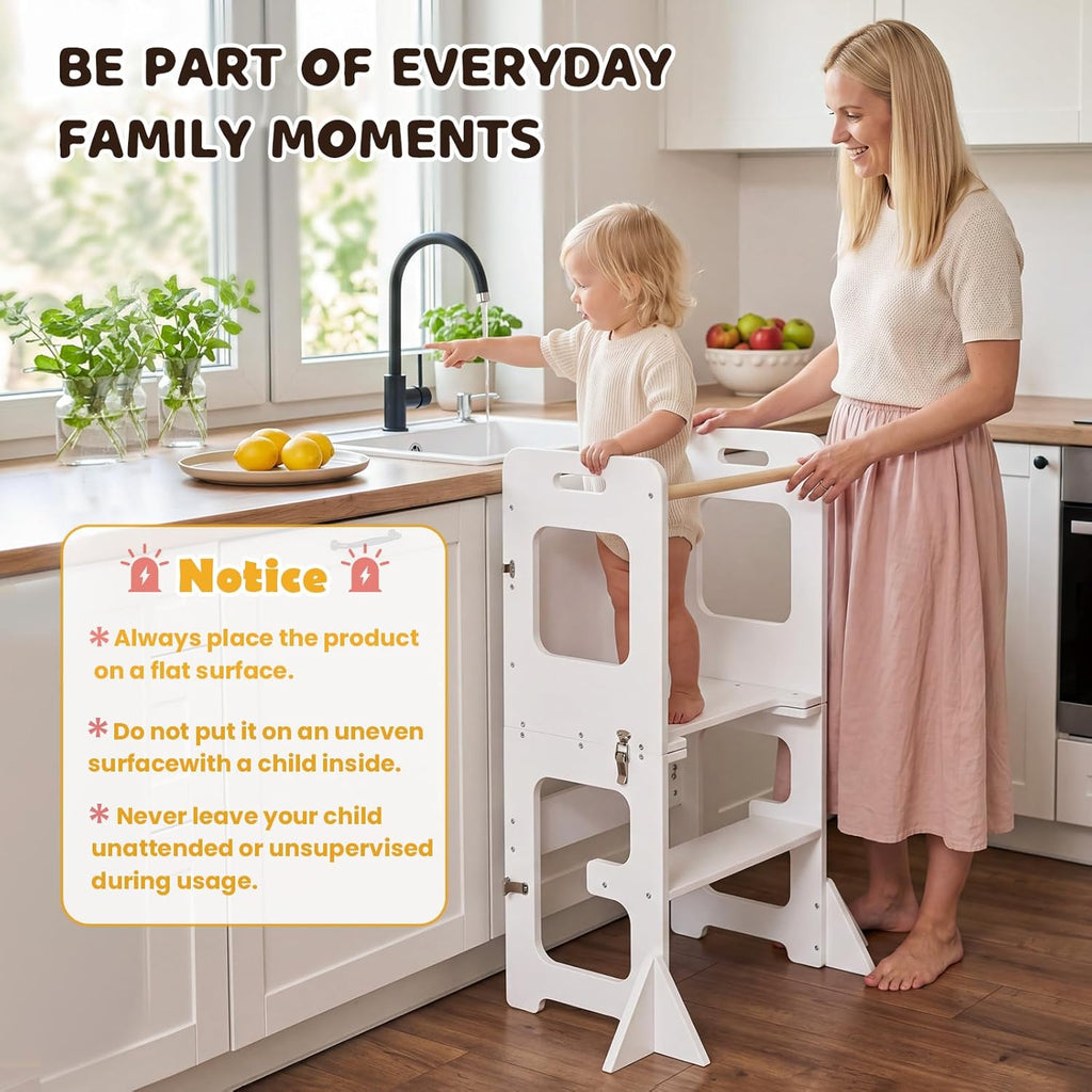 labebe 4-in-1 Toddler Kitchen Helper Tower with Chalkboard, Foldable Learning Standing Stool for Kids 18M+, Wooden Montessori Step Stool for Kitchen Counter, Bathroom Sink & Playroom