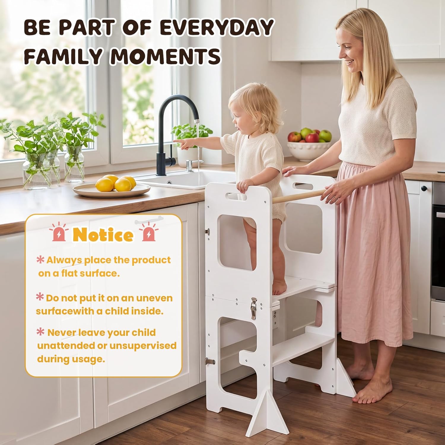labebe 4-in-1 Toddler Kitchen Helper Tower with Chalkboard, Foldable Learning Standing Stool for Kids 18M+, Wooden Montessori Step Stool for Kitchen Counter, Bathroom Sink & Playroom
