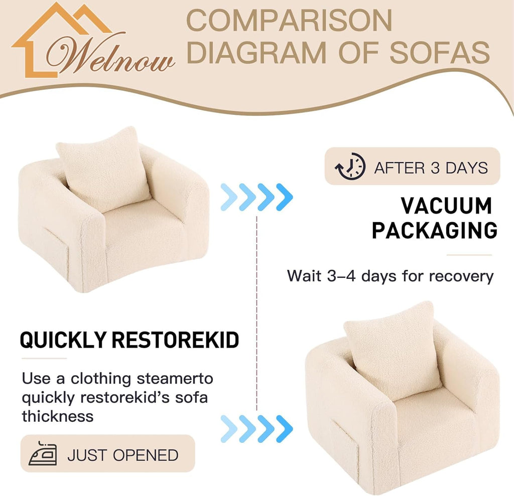 Welnow Kids Sofa with Pillow, Cozy Toddler Chair Soft Foam Seat for Reading, Children's Couch with Armrest Lightweight Comfy Kids Furniture for Bedroom, Playroom for Boys and Girls, Sherpa Beige