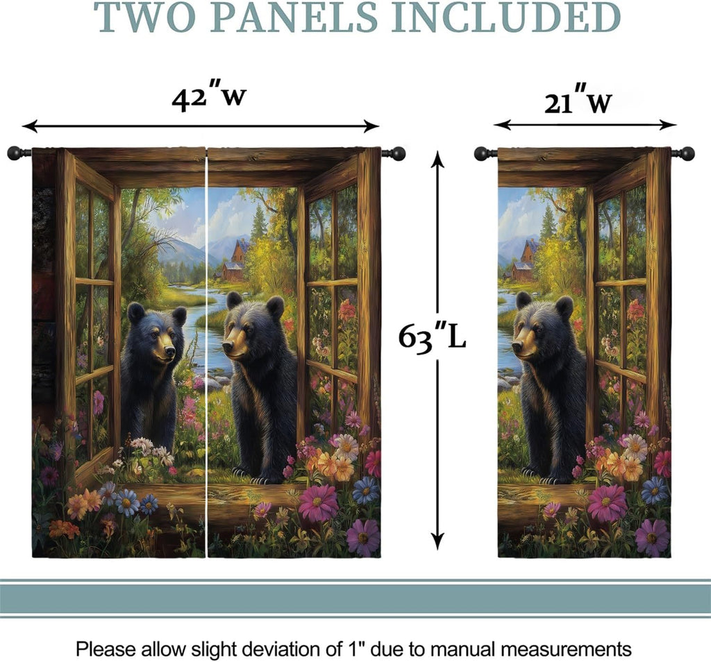 Black Bear Boy Girls Blackout Curtains,Funny Animal Country Farmhouse Floral Spring Rustic Nature Landscape, 2 Panel Rod Pocket Thermal Insulated Drapes for, Living, Kids Teen Room Deco 42x63 inch