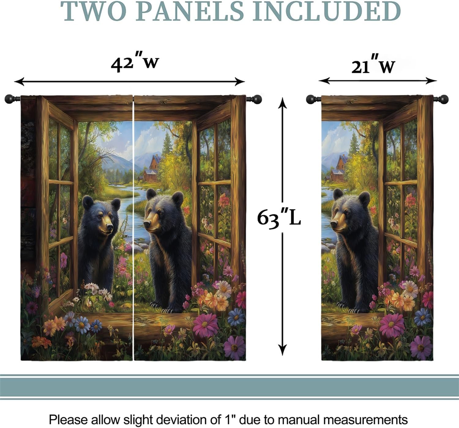 Black Bear Boy Girls Blackout Curtains,Funny Animal Country Farmhouse Floral Spring Rustic Nature Landscape, 2 Panel Rod Pocket Thermal Insulated Drapes for, Living, Kids Teen Room Deco 42x63 inch