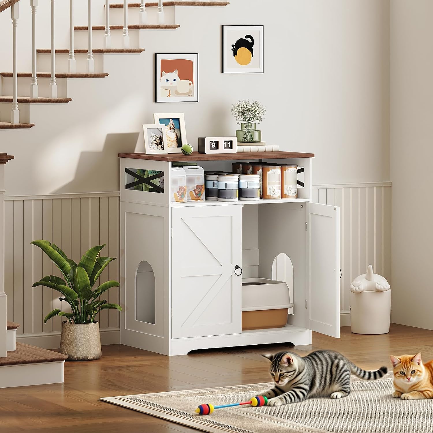 MAHANCRIS End Table and Cat Litter Box Enclosure Bundle, C-Shaped Narrow Side Table with LED Light, Wooden Cat Washroom Cabinet, for Small Spaces, Living Room, Bedroom, ETWT18E01Z-CWBZ4501