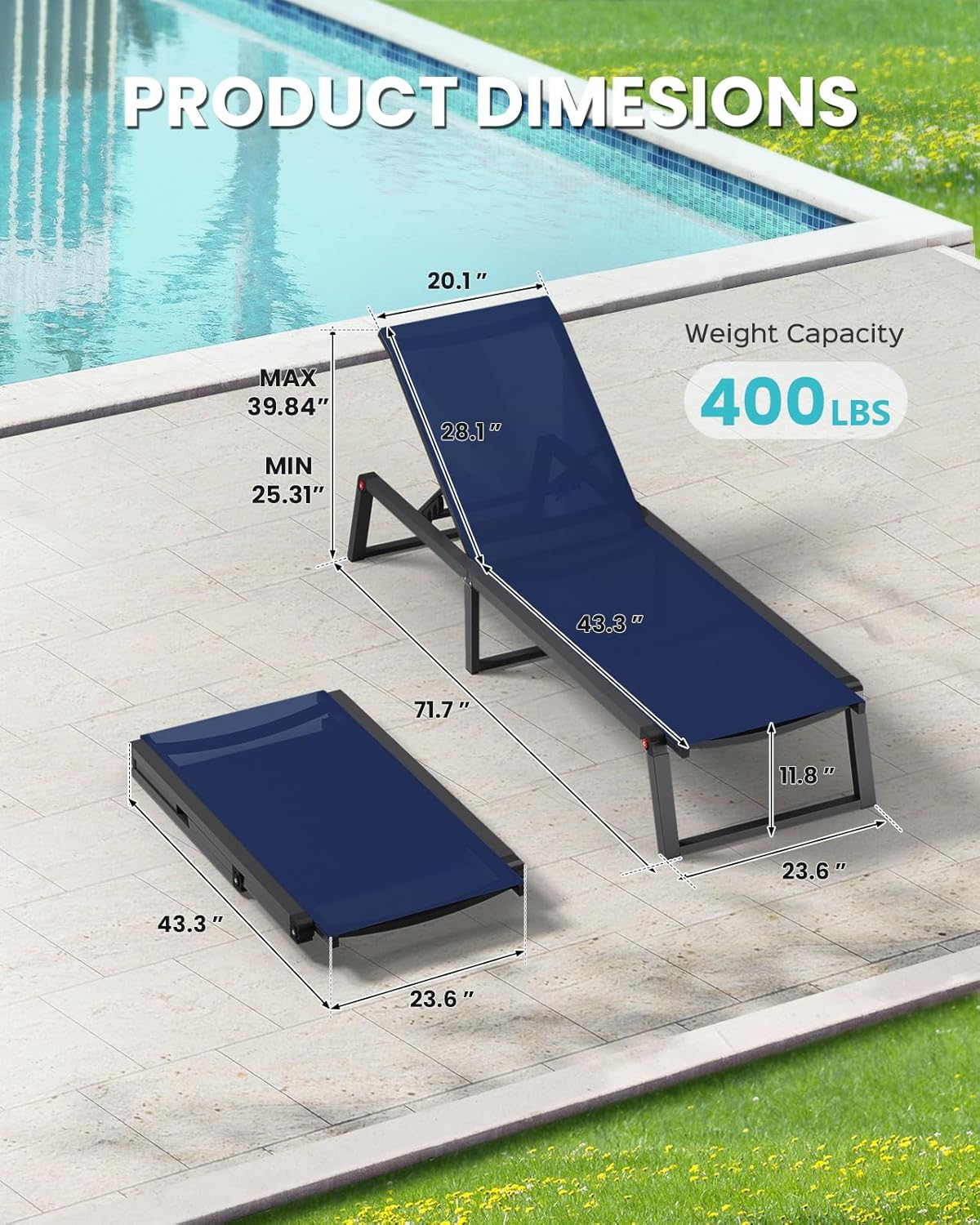 Aluminum Chaise Lounge Chair Outdoor, Foldable & Assembly Free Patio Pool Lounge Chairs 5-Position Recliner for Poolside, Fully Grounded Legs Sun Lounger, Navy Blue