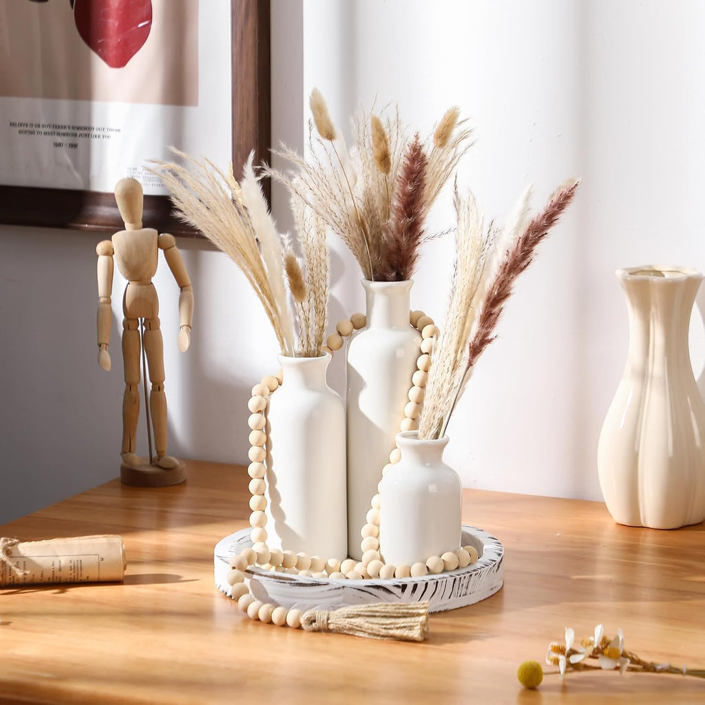 5 Pcs Rustic Country Tabletop Centerpieces Decor Set of 3 Boho Ceramic Vases with Wooden Serving Tray Wood Bead Garland Tassels Table Holder for Home Decorations(White)