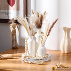 5 Pcs Rustic Country Tabletop Centerpieces Decor Set of 3 Boho Ceramic Vases with Wooden Serving Tray Wood Bead Garland Tassels Table Holder for Home Decorations(White)