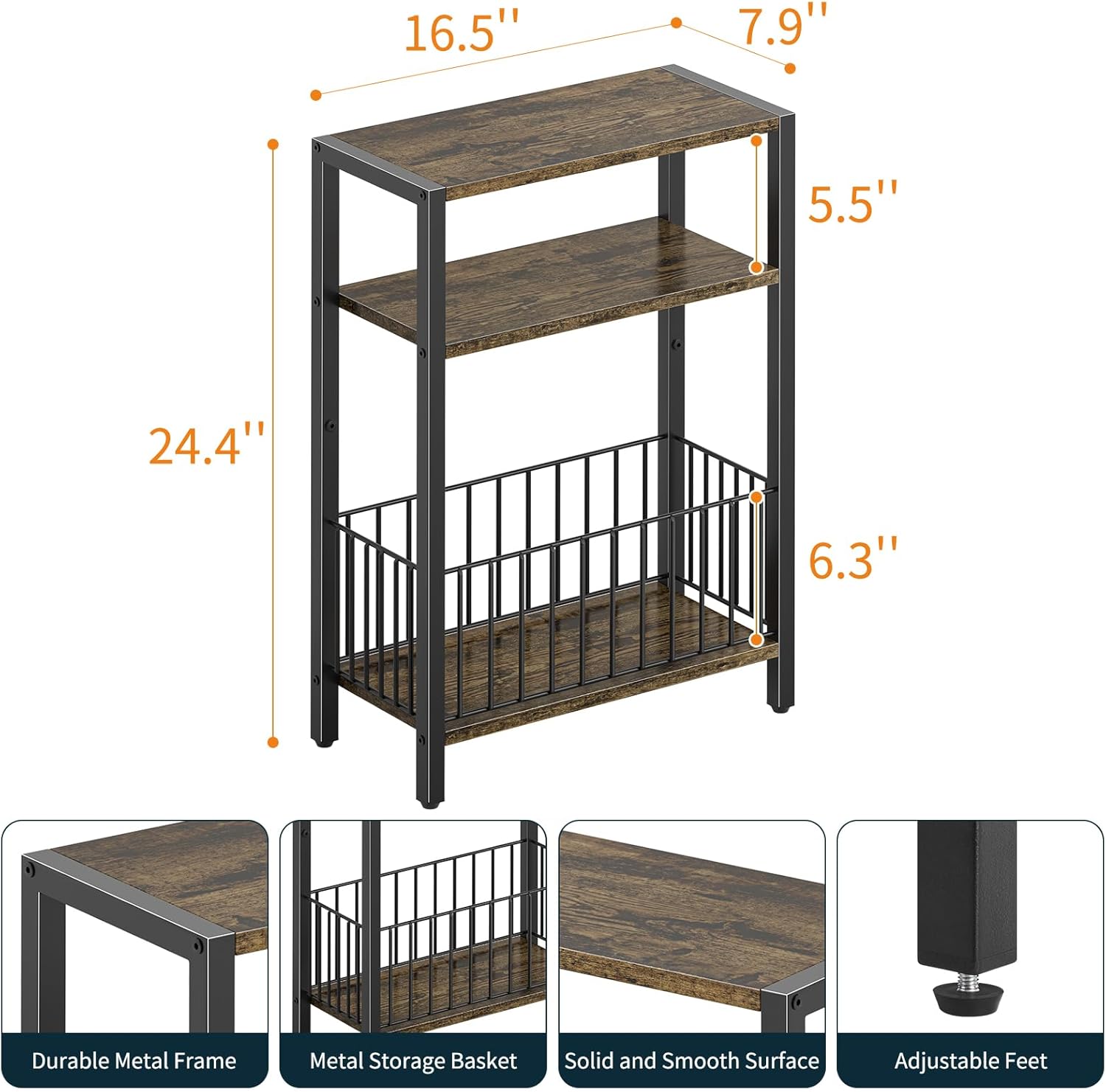 Yoobure Narrow Side Table with Storage Basket, Small End Table for Small Spaces Skinny Side Tables Living Room Bedroom, Slim Nightstand 3 Tier Bedside Table Space-Saving for Magazine, Rustic Brown