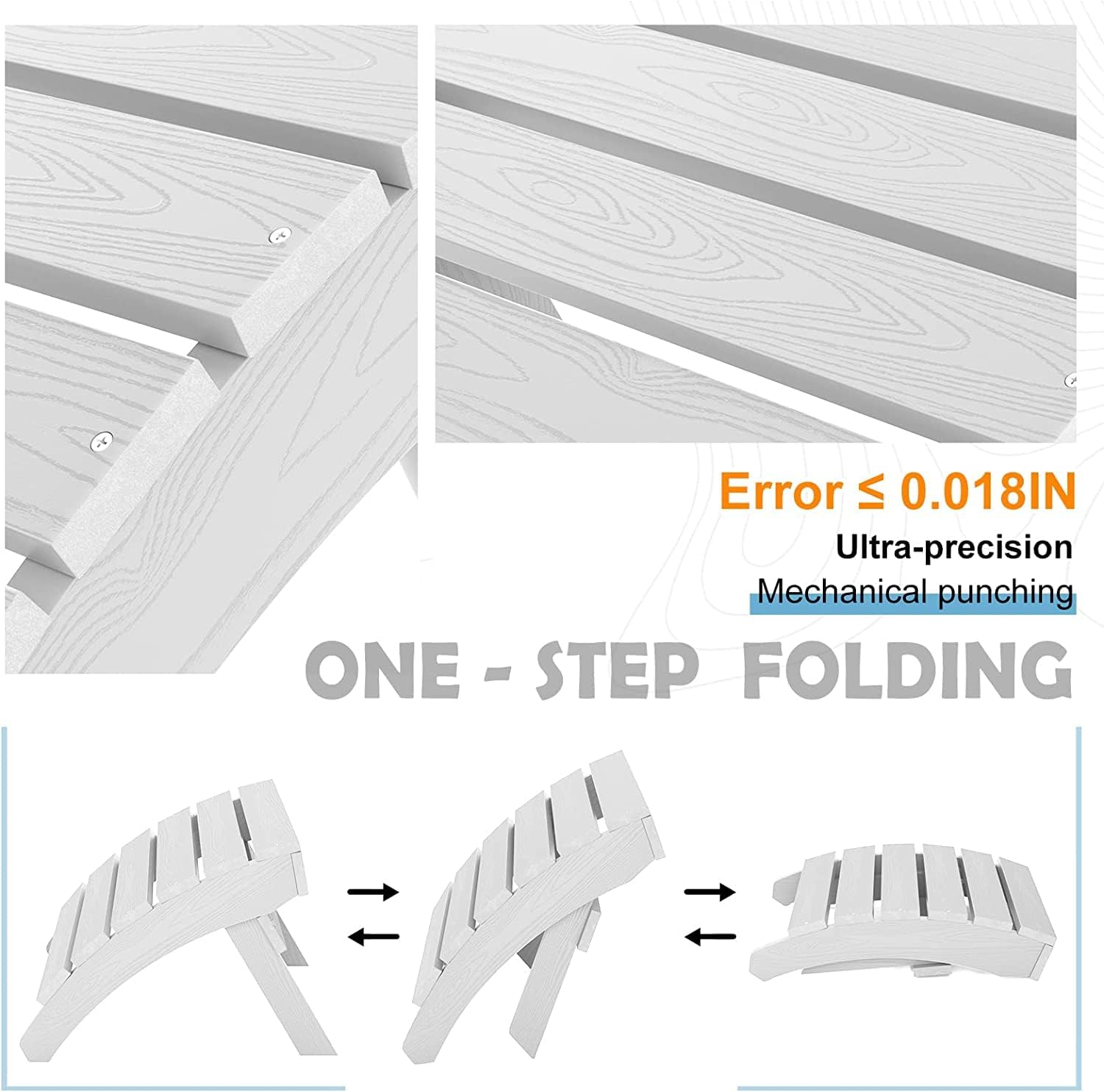 MXIMU Folding Adirondack Ottoman Set of 2: HIPS Plastic Outdoor Footrest Easy Assembly - All Weather Foot Rest Foot Stool for Adirondack Chair Use in Patio Garden Backyard Pool (White)