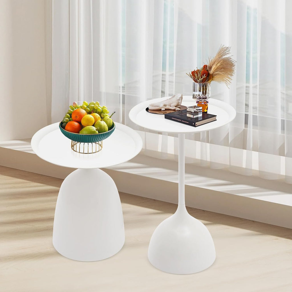 Round Side Table Set of 2, Metal Round End Tables, Modern Nesting Table Sets, Nesting Tables Pedestal Coffee Table with 16.9'' & 23.6'' Height for Living Room Balcony Office (White)