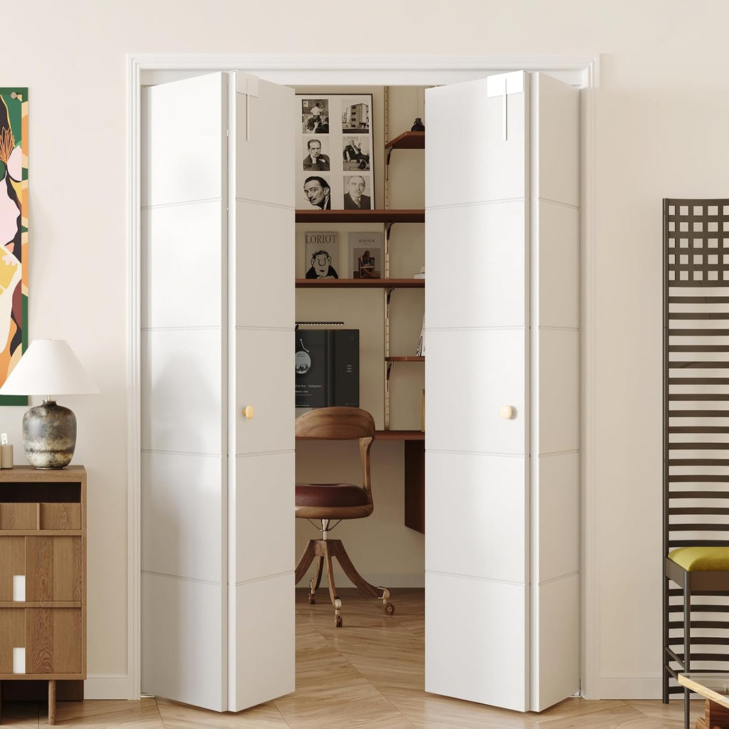 Bifold Doors for 48" x 80" Opening, Preassembled 5 Panel Grooved Hollow Core Folding Door with Hardware Kit & Bifold Door Lock, White Primed Interior Doors for Closet, Pantry & Laundry