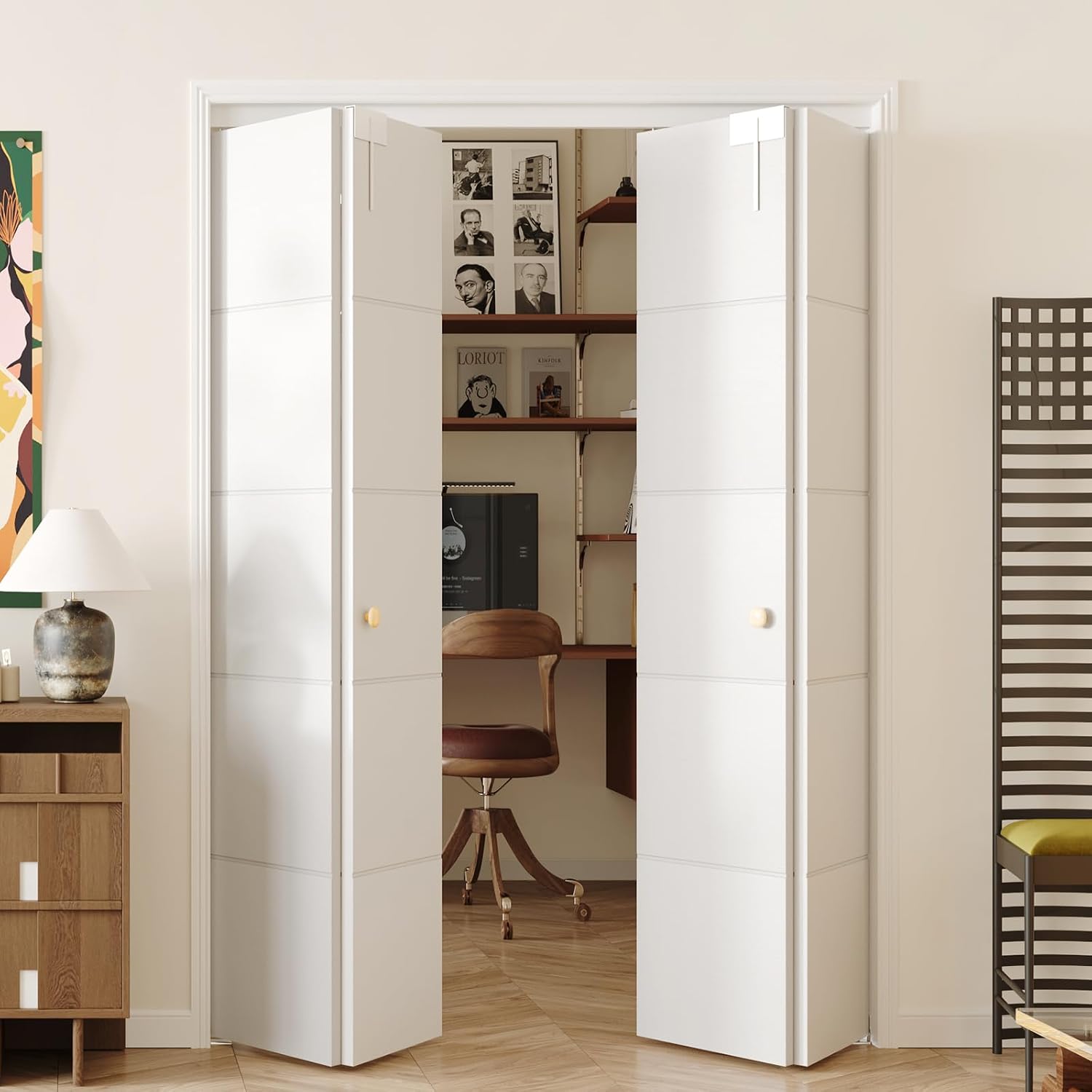Bifold Doors for 48" x 80" Opening, Preassembled 5 Panel Grooved Hollow Core Folding Door with Hardware Kit & Bifold Door Lock, White Primed Interior Doors for Closet, Pantry & Laundry