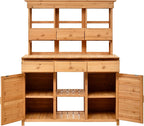 LUMISOL Garden Potting Bench Table with Hutch, Solid Fir Wood Patio Storage Workstation with 3 Shelves, 6 Drawers, 2 Bottom Cabinet and Side Hooks for Mudroom, Doorway, Natural